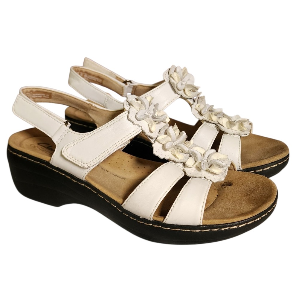 Clarks Merliah Sheryl Sandals Women's Size 9.5M White Wedge Bohemian Botanical